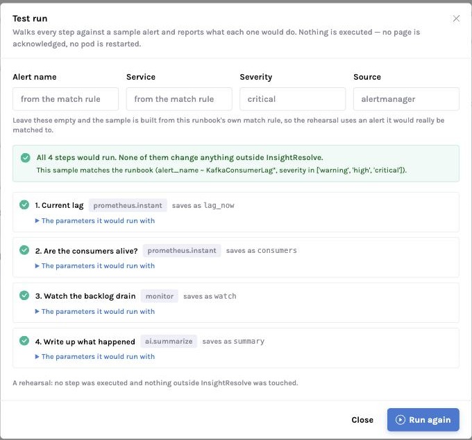 The Test run dialog reporting that all four steps would run, that none of them change anything outside InsightResolve, and that the sample alert matches the runbook.