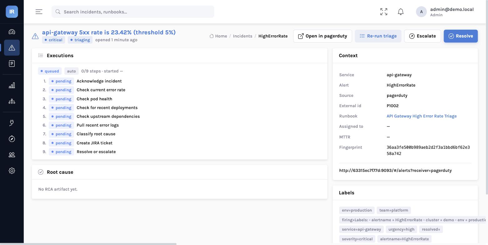 The InsightResolve console — a critical api-gateway 5xx incident that arrived from PagerDuty, matched to the API Gateway High Error Rate Triage runbook, with the nine-step execution queued and the alert's labels and context alongside
