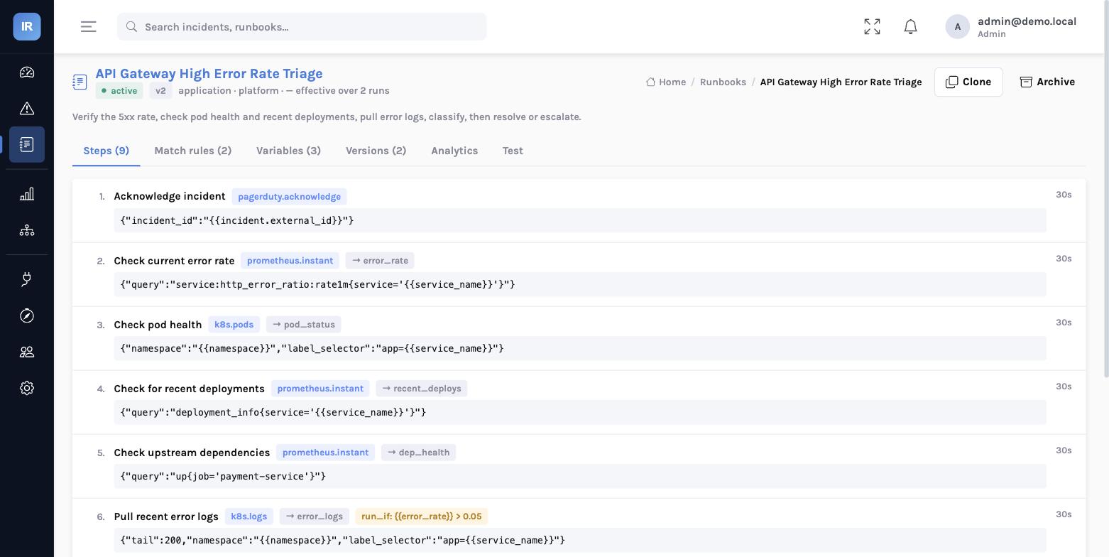 A runbook in the InsightResolve console — nine ordered steps, each with its action type, saved output variable, condition badge and timeout, under tabs for match rules, variables, versions, analytics and test